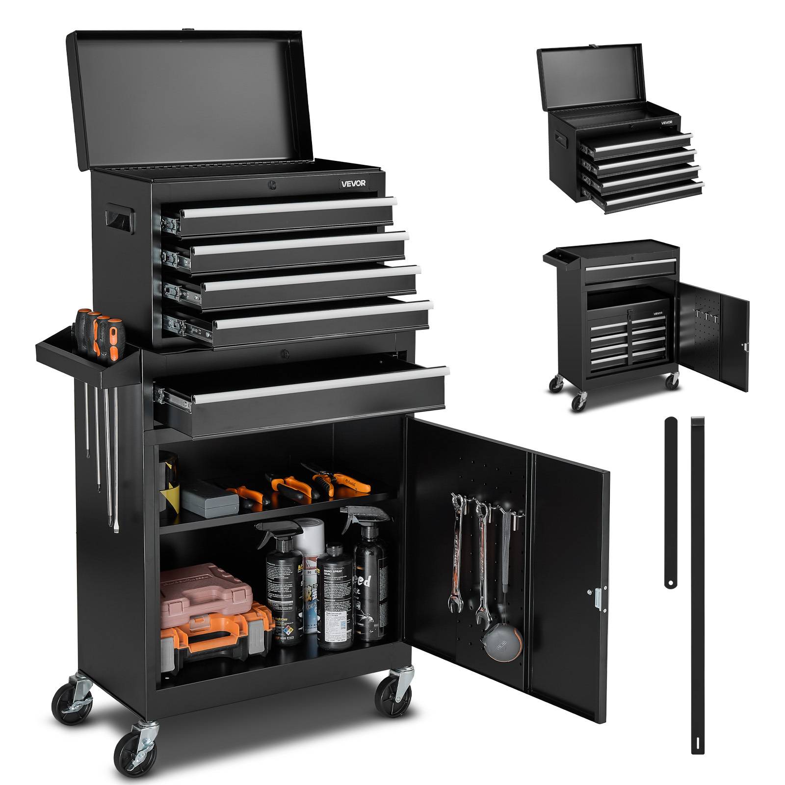 Vevor Rolling Tool Chest, 2-in-1 Design, 5 Drawers Tool Cabinet Organizer With Detachable Top Metal Toolbox, Lock Bar, Protective Liner, And Tools Rack, Garage Storage Cabinet For Warehouse, Workshop