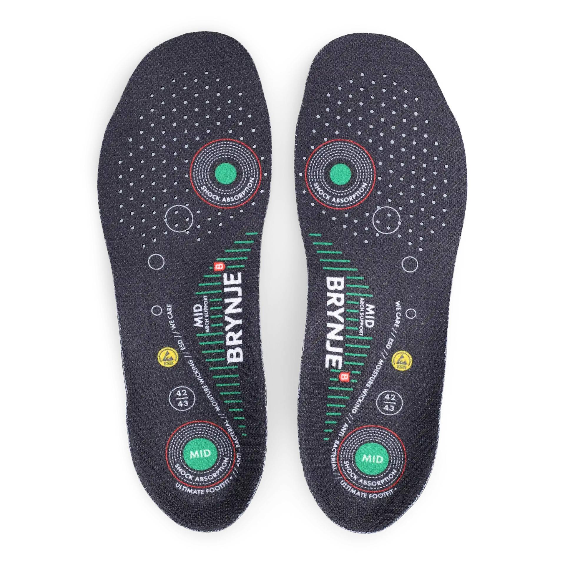 BRYNJE® Medium Arch Support (grøn) Ultimate Footfit+ Svangstøttende ESD indlægssål Str. 44/45.