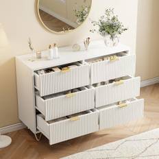 KEFSR Vit byråer med 4 lådor för sovrum, modern garderob, byrå med vågform, räfflad panel, träförvaringsorganisatör för barnkammare, vardagsrum, hall (vit, 6 lådor, vågform)