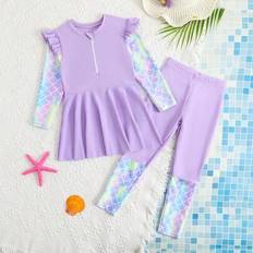 Young Girl Linne Tankini Set, Young Girl Sport Badkläder, Långärmade Beach Badkläder, Söt Fisk Scale Print Långärmad, Långa byxor Badkläder - Mauve Lila (6Y,7Y,4Y,5Y)