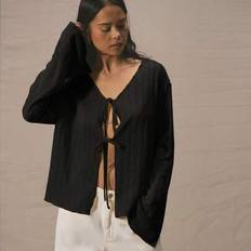 Textured Double Tie Front Casual Fit Open V Neck Long Sleeved Top Spring Summer Cute Vacation Everyday Capsule Wardrobe Oversized Airport Holiday - Black - L,M,S,XL,XS