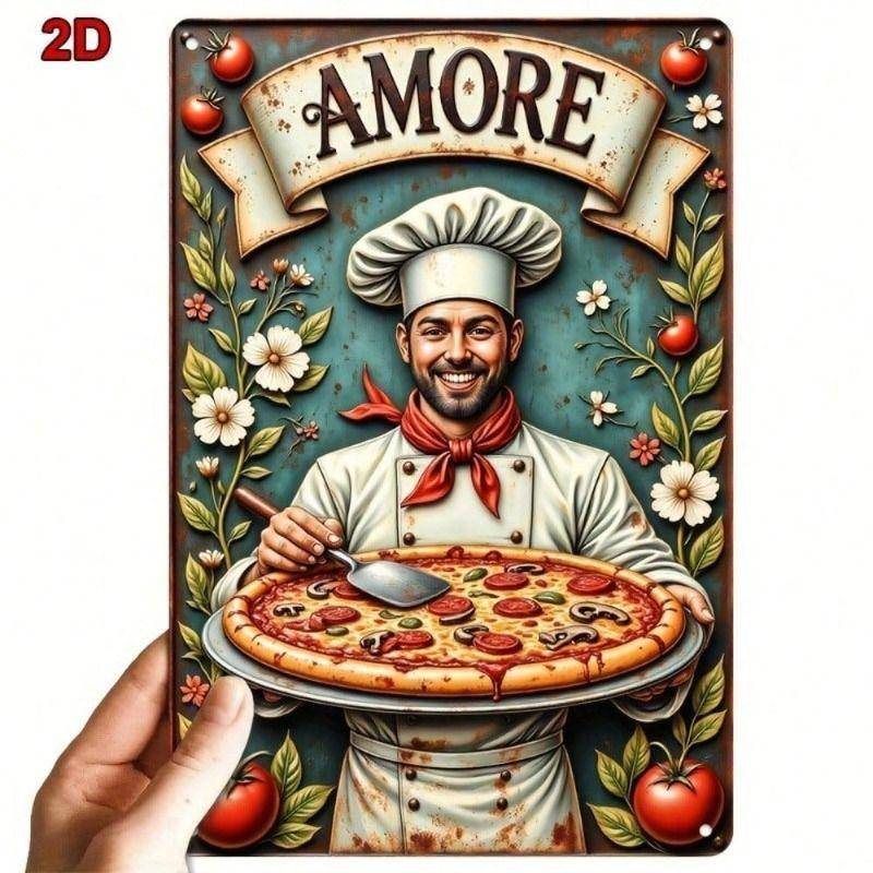 Vintage Italiensk Metallaffisch, Pizzaiolo Kock Köksväggdekor Vintage Italiensk Metalskylt, Pizzaiolo Konst för Köksvägg beige