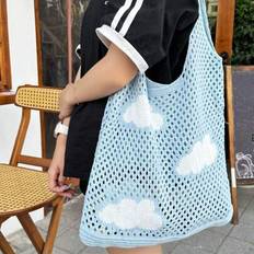 Blue Mesh Woven Tote Bag With White Cloud Design, Large Capacity Hollow-Out Fashionable Blue Sky & White Clouds, Suitable For Casual Summer Travel & B - Multicolor