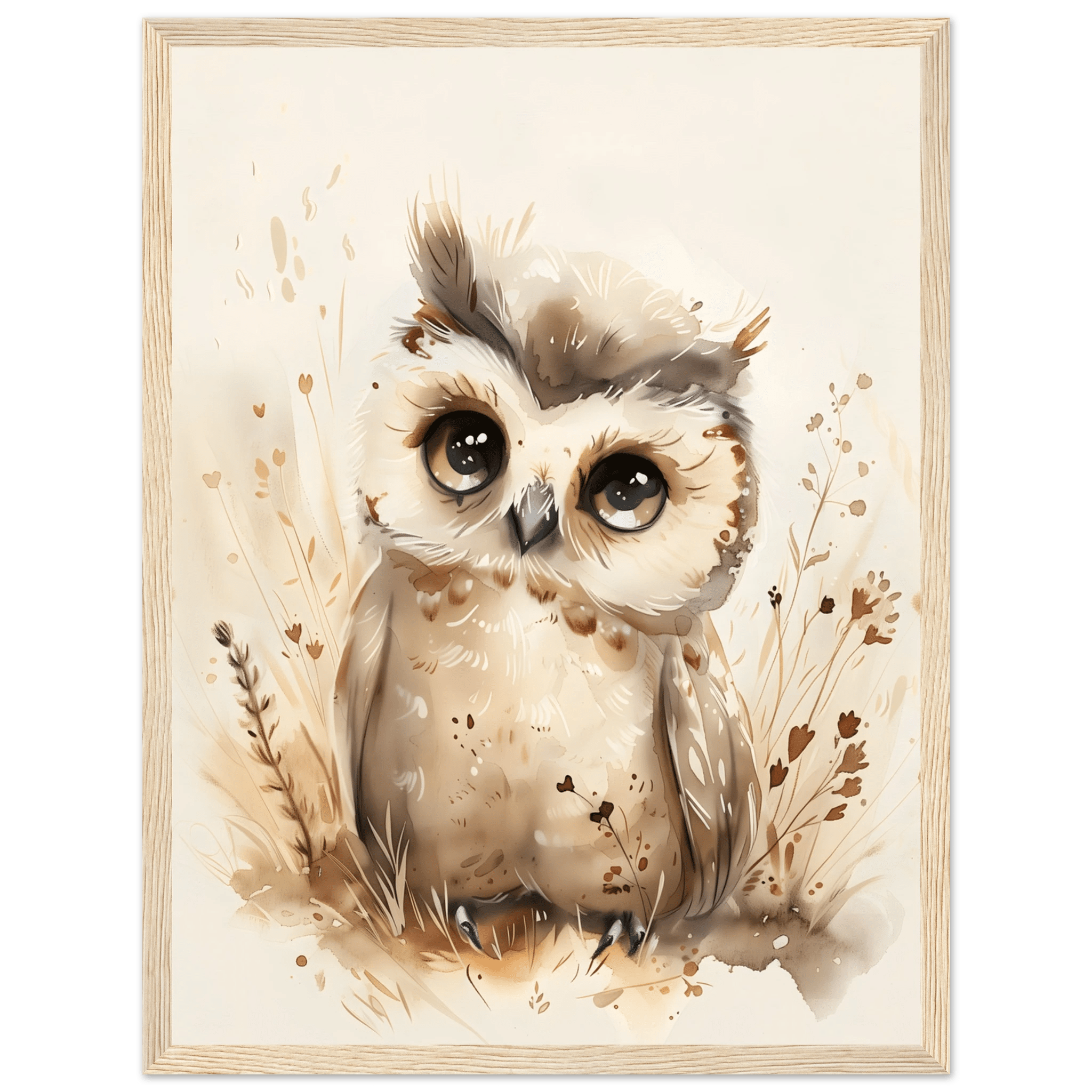 Söt uggla poster-30x40 cm / 12x16″ / Med ram / Ljust trä