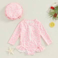 Baby Girl Rash Guard Baddräkt långärmade blommönster Volanger Baddräkt Badkläder med badmössa Set - Rosa (6-9M,9-12M,12-18M,18-24M,3-6M)