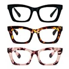 KoKoBin 3-pack anti-blått ljus läsglasögon, dam lättvikt datorfjäder grenar förstoringsglasögon, fyrkantiga glasögon mode stil, Svart rosa leopard brun leopard