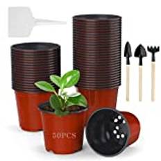 Seasboes Blomkrukor runda, 50 stycken 10 cm plastkrukor, runda plastblomkrukor med dräneringshål, innerkruka för plantor och sticklingar, odlingskrukor, frökrukor och 10 st växtaggar