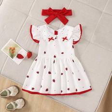 2 st/set babyflickor 0-3 år jordgubbs- och digitaltryckt klänning och pannband, prinsess- och högtidsstil, sommar - Vitt (6-9M,9-12M,12-18M,18-24M,2-3Y)