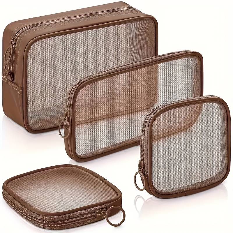 TEMU 4pcs Set Of Transparent Travel Toiletry Bags, Thickened Nylon Mesh Cosmetic Bags, Breathable And Portable Makeup Organizer