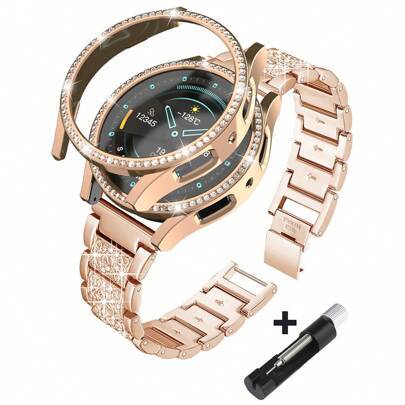 Dammetall diamantrem + PC Glänsande diamant ihåligt stötdämpande och fallsäkert skyddsfodral Kompatibel med Samsung Galaxy Watch 4 5 6 7 Series 40/44 - Rosa Guld (Multi-size)