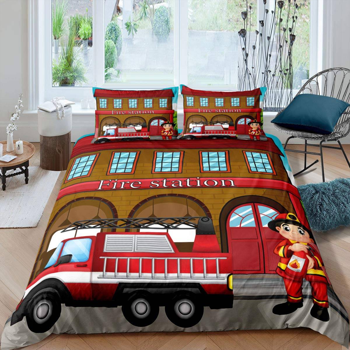 Brandbil Påslakanset Barn Brandmän Bil Fordon Sängkläder Set För Pojkar Brandbil Mönster King Size Täcke Överdrag 150x200cm 3pcs