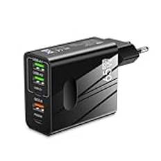 3-stjärnor | 65 W USB-laddare med 5 portar: 2 USB-C + 3 USB-A | Snabbladdning-QC 3.0| Kompatibel med Samsung/iPhone/Xiaomi/etc. | CE-certifierad | Nöjdhetsgaranti | Svart