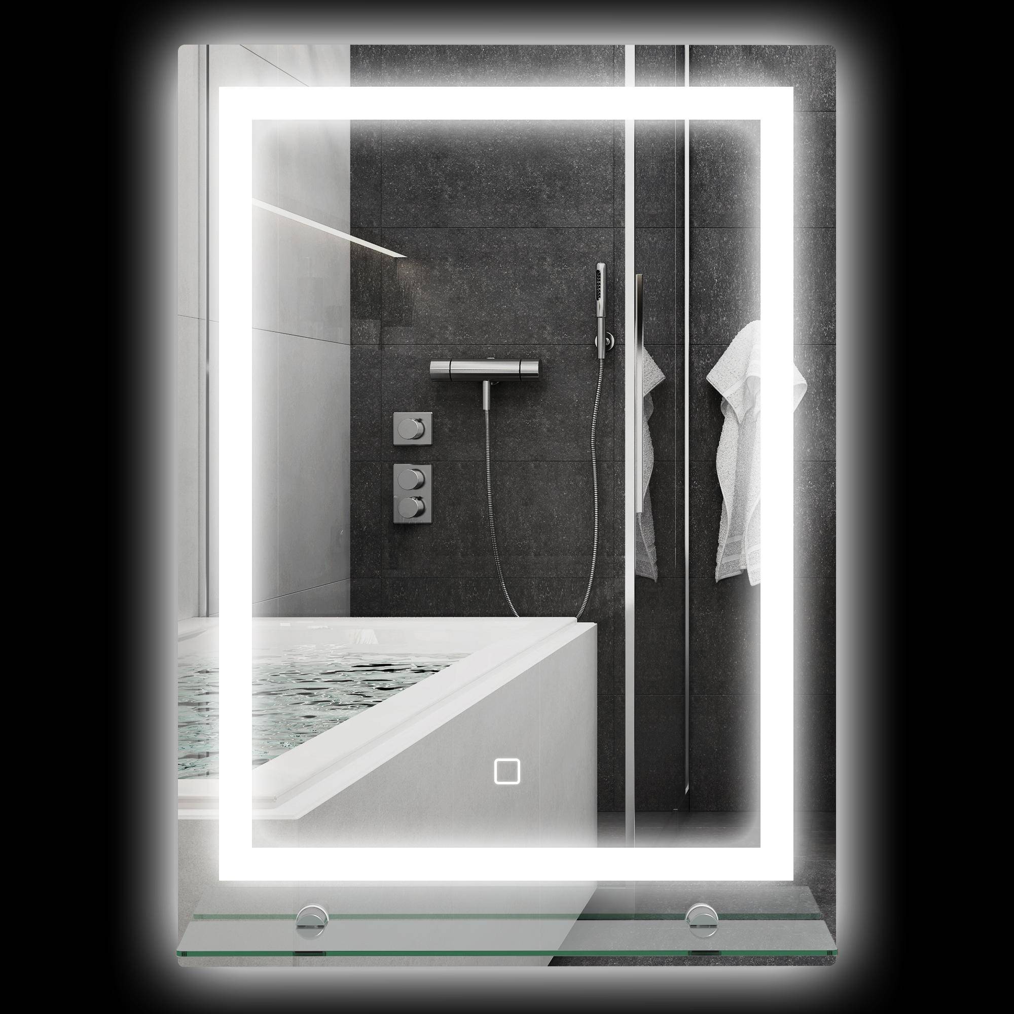 LED Bathroom Mirror, Dimmable, Anti-Fog, Touch Switch, Shelf, 50 x 70 cm, Silver