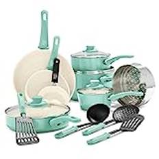 GreenLife Soft Grip hälsosam keramisk non-stick beläggning, 16 delar köksredskap set med stekpanna, kastrull och kastrull, PFAS-fri, diskmaskinssäker, ugnssäker, turkos