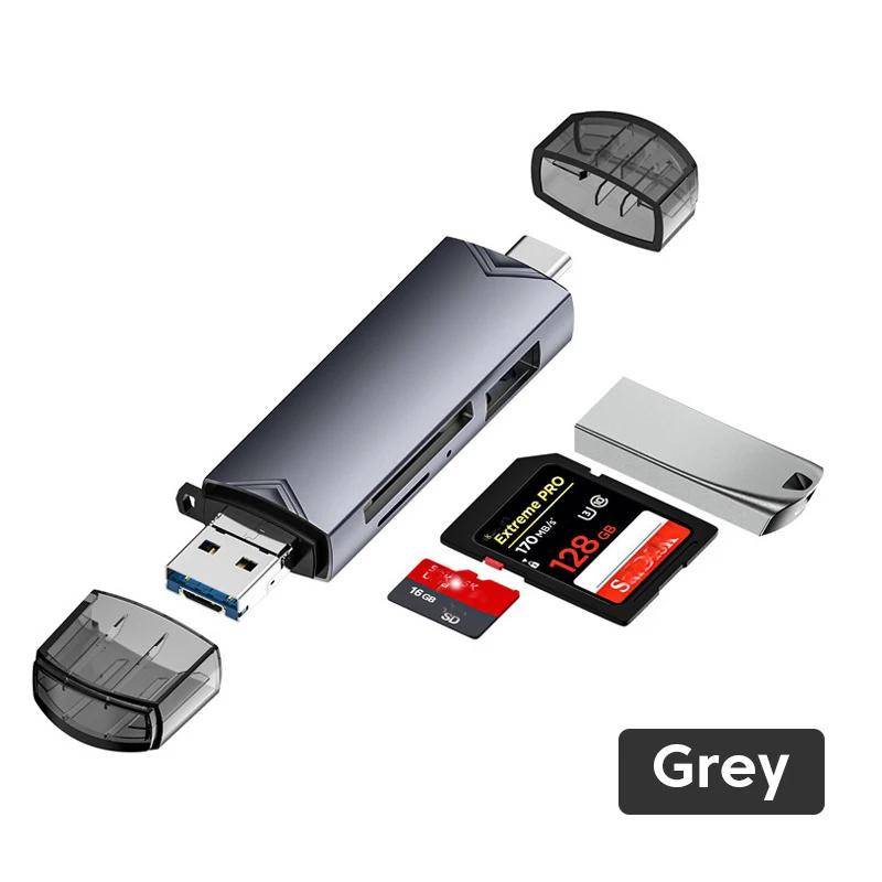 Multifunktionell 6-i-1-kortläsare USB 3.0 till typ C Micro OTG-adapter Stöd för TF SD-kort USB-minne för bärbara Android-telefoner och -surfplattor gr