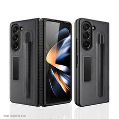 QD-Kompatibel med Samsung Z Fold 5 luksus ægte læder mobiltelefon cover blød skal med stativ business stil hængsel tpu pen etui