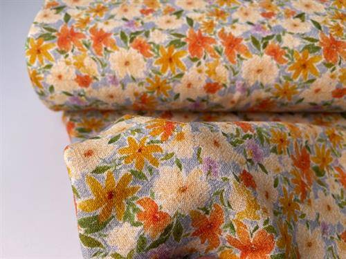 Vævet hør / viscose - fine blomster på lys bund