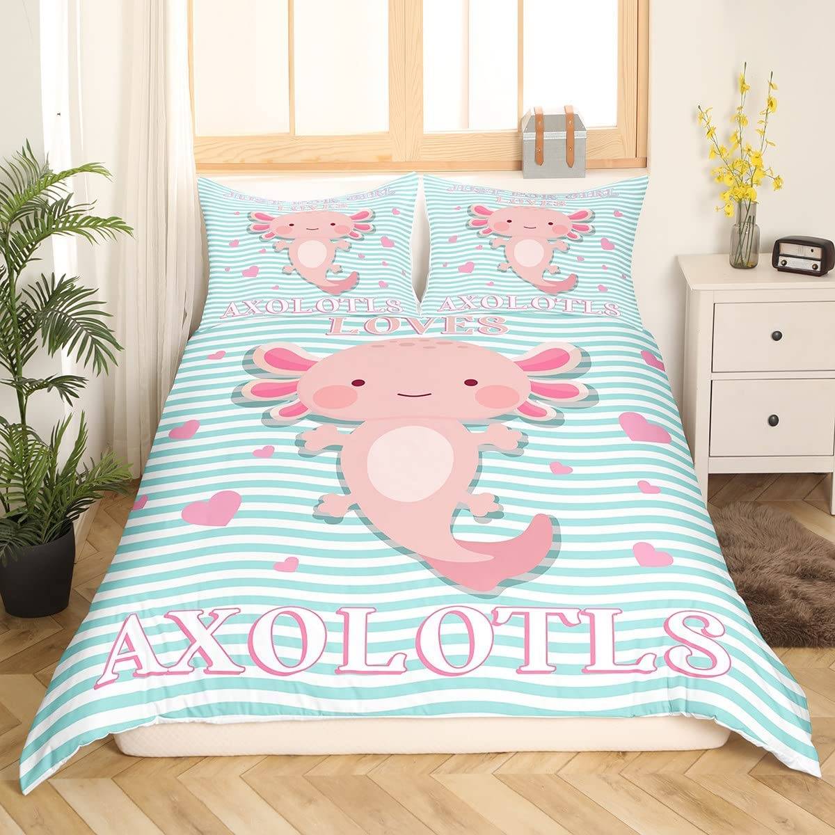 Sött Axolotl Sängklädesset För Pojkar Flickor Kawaii Reptiler Djur Täcke Örngott Tvilling King Size Havsliv Axolotl Påslakan EU single(135x200cm)