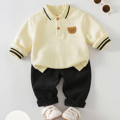 Barnset för nyfödda med björnmönster, kontrasterande färger, polokrage, långärmad sweatshirt och byxor, höst och vinter - Svart (6-9M,9-12M,0-1M,1-3M,3-6M)