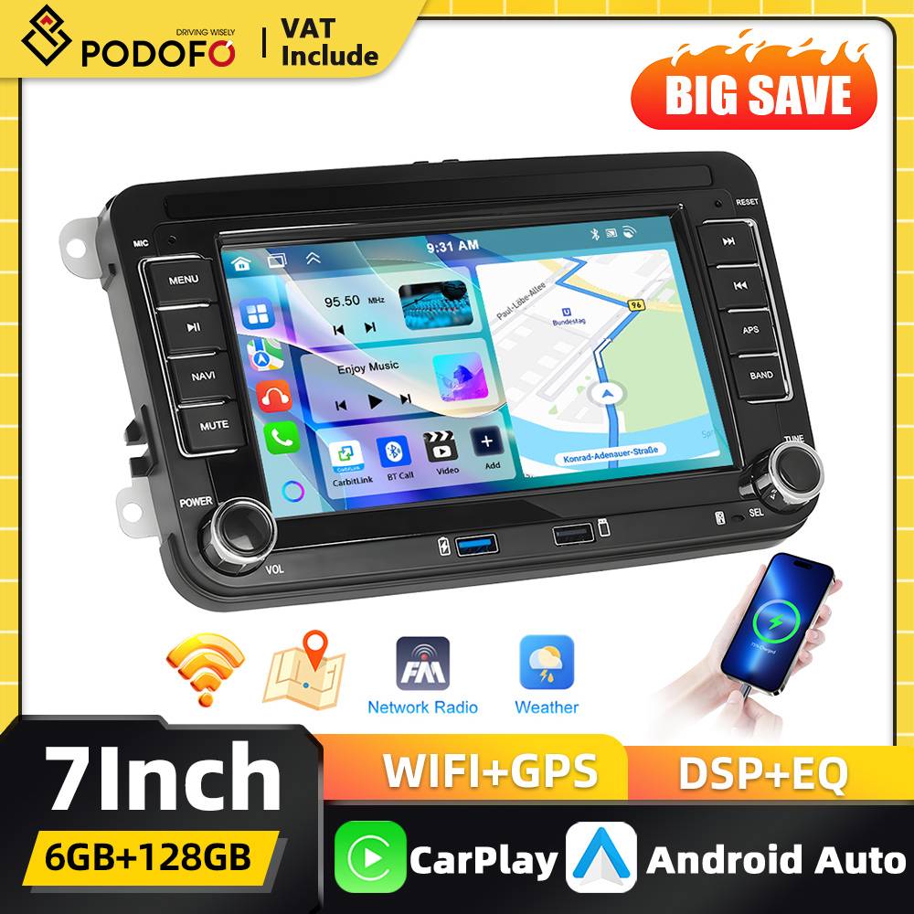 Podofo Carplay 2Din Android Car Multimedia Player for VW SAGITAR JATTA JETTA MAGOTAN Android Auto GPS Mirror Link Car Audio