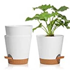 T4U 16,5 cm blomkrukor av plast med bevattningssystem, set med 3 självvattnande planteringskärl med fat, runda planteringskärl för inomhus- och balkongträdgårdsväxter Suckulentkaktus, vit