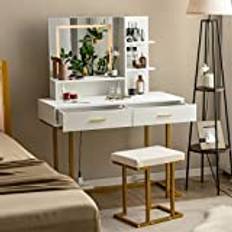 COSTWAY Sminkbord med LED-belysning, stor spegel, 2 lådor och hyllor, toalettbord med vadderad pall, sminkbord för sovrum, vitt + guld