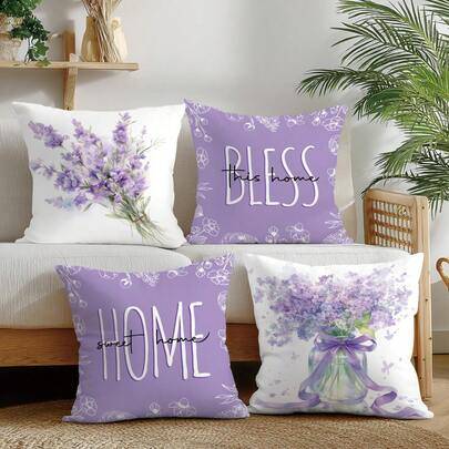 4 st minimalistiska vårlila lavendel "Bless Home" örngottset, enkelsidigt tryckt persika sammet polyestermaterial, 45*45/40*40/50*50 cm kuddfodral för - Multifärgad (40*40,45*45,50*50)