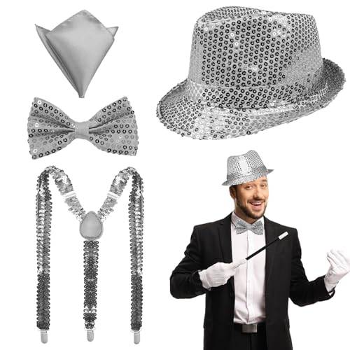 NebulaGlam Glittertillbehör herr, 4 stycken glitterkostym herrar, glitter fluga och hängslen herr paljetter, cylinderhatt näsdukar, för karneval karneval temafest (silver)