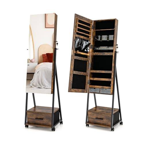 COSTWAY Smyckesskåp med spegel, smyckespegelskåp med låda, låsbart, fristående, 42 x 38 x 157 cm (vintage)
