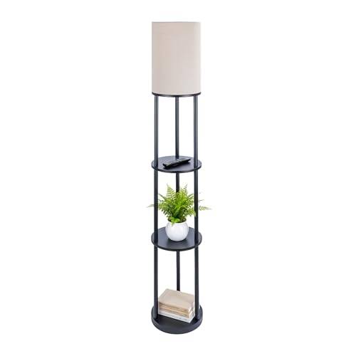 Relaxdays golvlampa med hylla, H: 180 x 30 cm, E27-fattning, svartvit | trä & linne, stilren design
