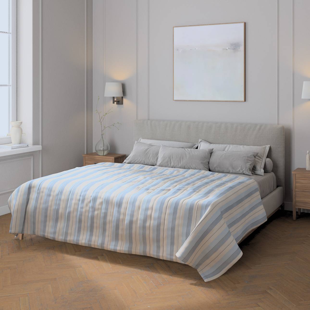 Sengetæppe quiltet<br/>10cm striber, Naturhvid og blå, Vibes