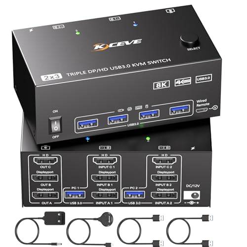 MLEEDA 8K@60Hz KVM Switch 2 PC 3 Monitor HDMI + 2 Displayport 4K@144Hz, KVM Switch 2 Datorer Delar 3 Skärmar och 4 USB 3.0 Enheter,Utrustad 12V Strömförsörjning, Kabelad Fjärrkontroll och 2*USB Kabel