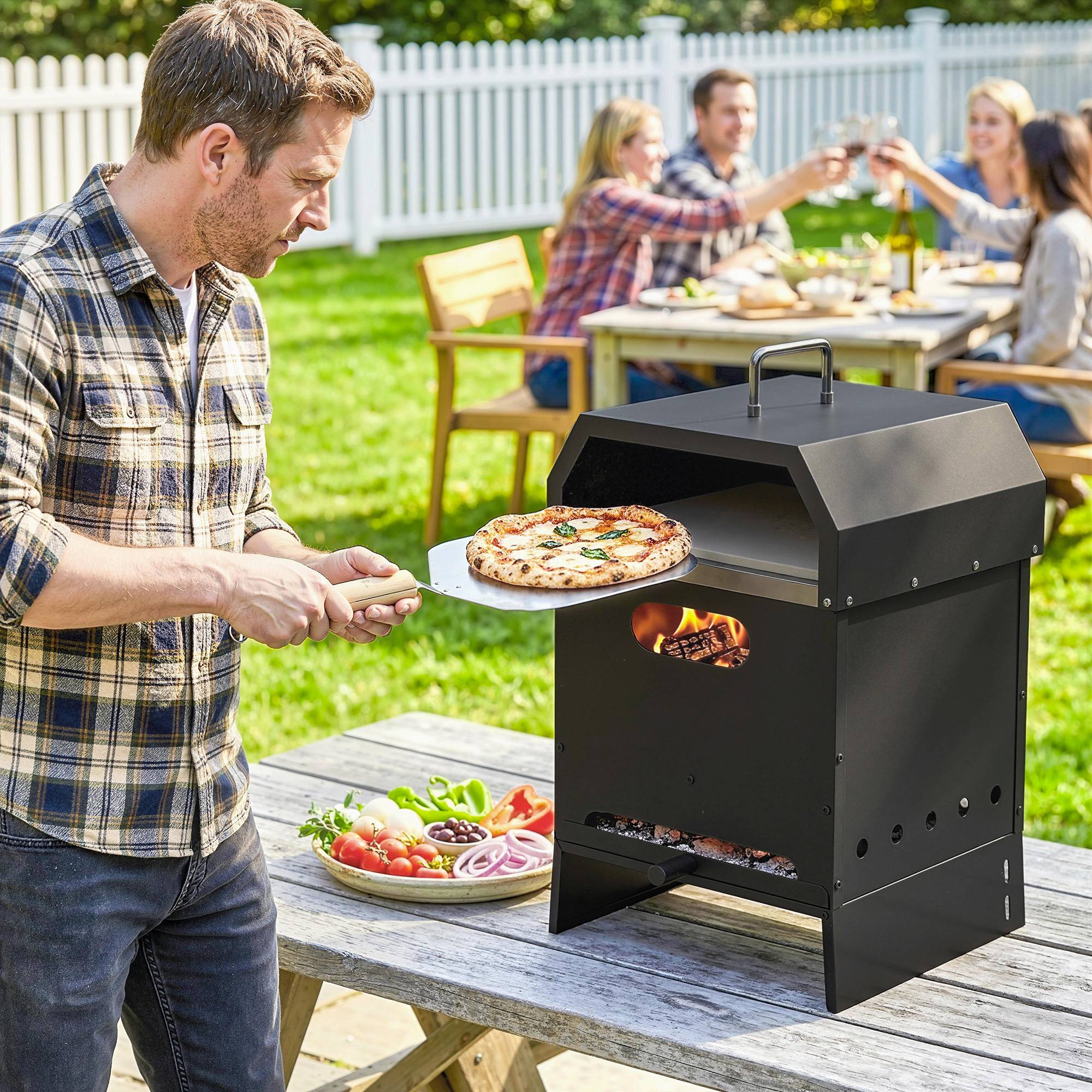 3-i-1 udendørs brændefyret pizzaovn, 2-etagers ovn med pizzasten, håndtag og pizzaspalte.