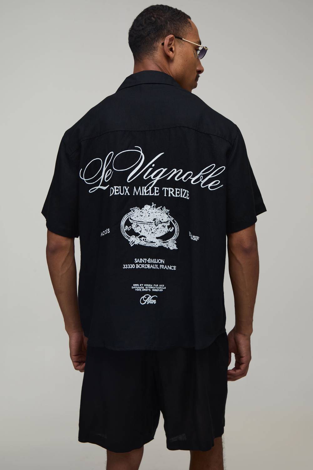 Back Embroidered Linen Look Oversized Shirt & Short Set | Black | Size XS