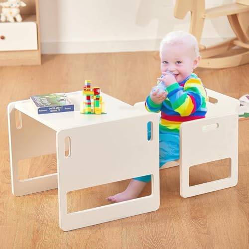 Funlio Montessori sidobord och stolset för småbarn 1–3 år, höjdjusterbar, barnbord och stol för läsning/mat/lek, lätt att montera – vit