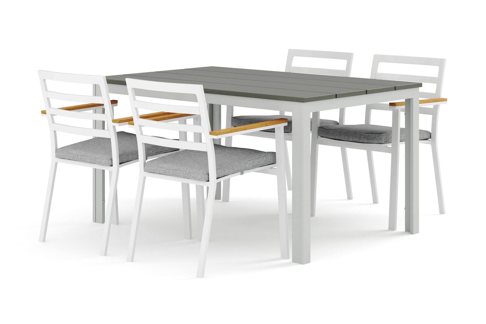 Comfort GardenTunis udendørs spisegruppe 140x90 cm med 4 Oliver karmstole med hyndeHvid/Grå