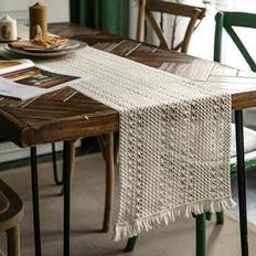 1 st. löpare i säckväv i vintage-stil i amerikansk lantlig stil, enfärgad kakifärg med naturlig tofskant, rektangulär duk för soffbord, TV-bänk, högti - Beige (Multi-size)