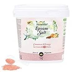 Nortembio Epsom 3 kg badsalt doftande orange kanel. Magnesiumsulfat hydratiserad med vitamin C och E. Epsom-salt för muskelavslappning och god sömn. E-bok ingår.