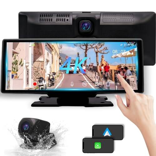 3T6B Apple CarPlay & Android Auto, bärbar bilradio Bluetooth med 4K framkamera HD-pekskärm 10,26 tum, bilinspelare, 1080P inspelningskamera, videorepetition