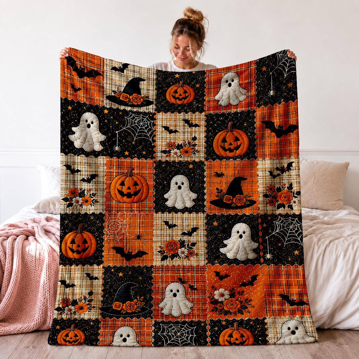 1 Vintage Halloween-pläd, Lämplig för Vardagsrum, Sovrum och Soffa, med ett Orange Rutmönster Kombinerat med en Svart Stjärnklar, Dekorerad