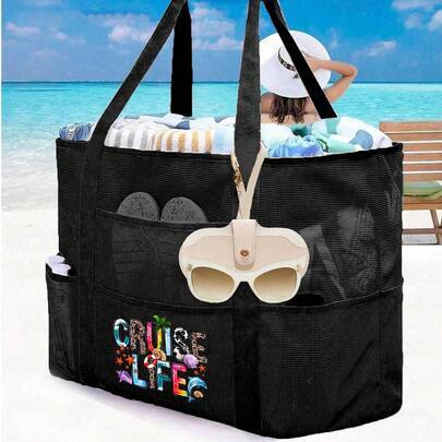 Stor strandväska i mesh, multifunktionell organizer med dragkedja, hopvikbar lätt strandväska för familjen och semester - Multifärgad (Multi-size)