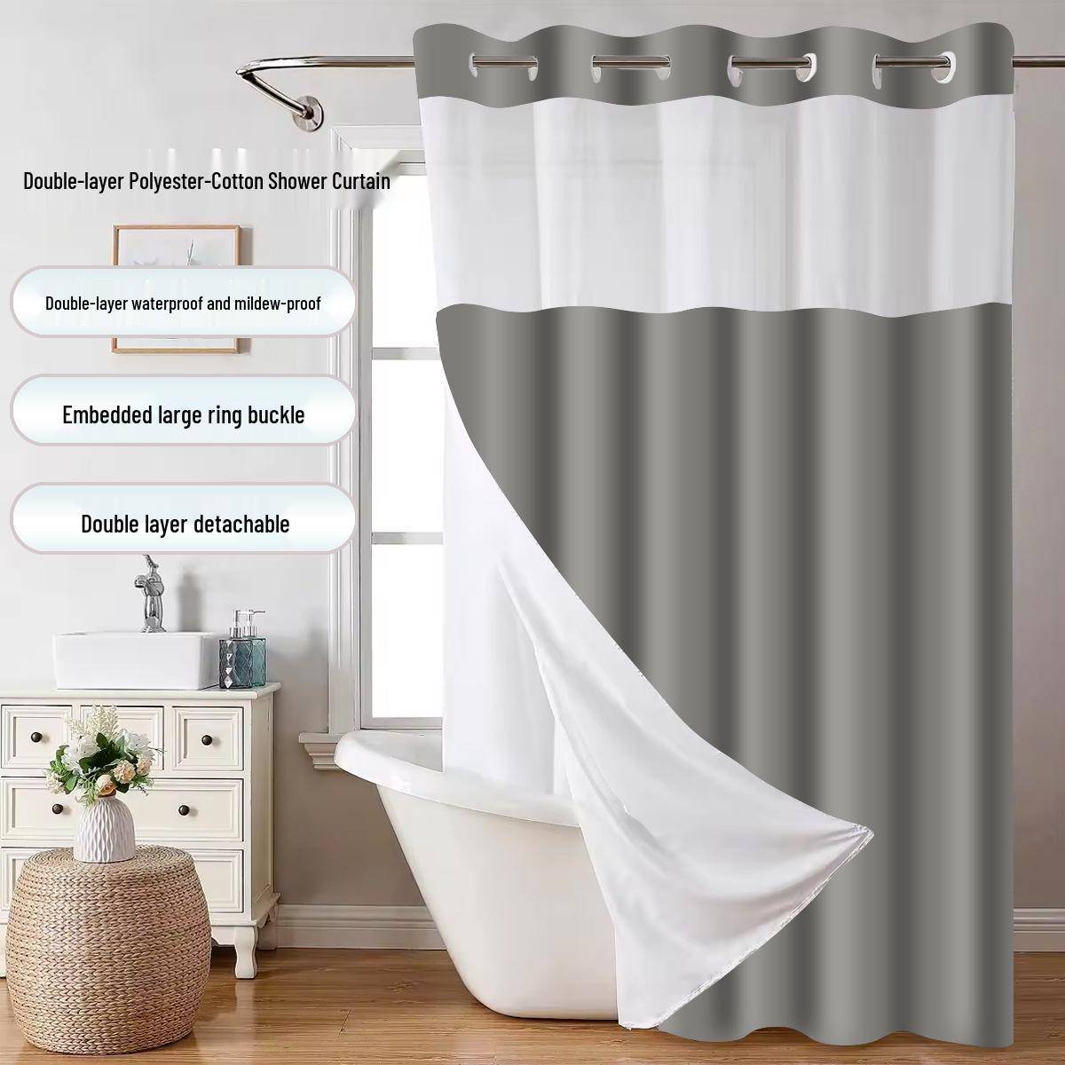 Modern Minimalistisk Dubbellagers Polyester Duschdraperi - Vattentätt, Mögelresistent, Avtagbart med Stor Ringfäste, Enfärgat, Anpassad Storlek vit