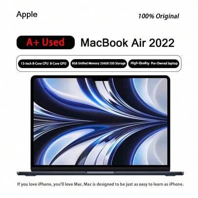 A+ Begagnad Apple MacBook Air 2022, AI 13,6-tums bärbar dator, M2-chip, 8+256 GB RAM, världens mest populära bärbara dator - Midnattsfärg