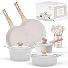 Riovarm Induktionsgryta och stekpanna i set, med lock, av granit, non-stick-belagda, PFOA-fria köksredskap med stekpanna, spatelset och kastrull