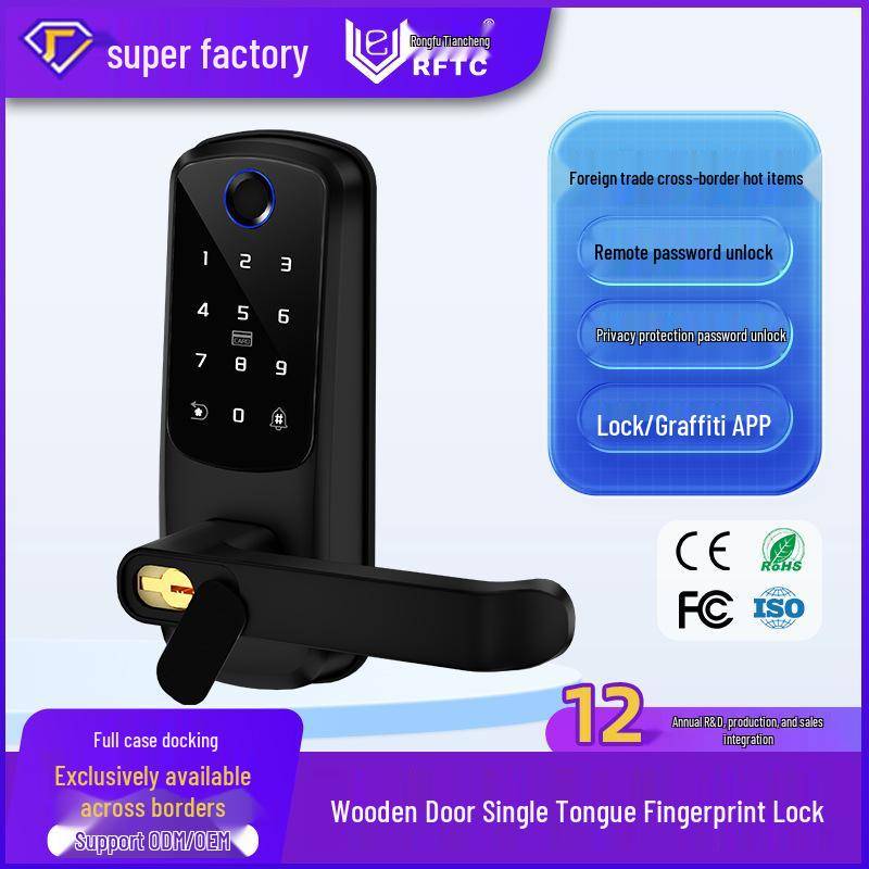 Smart Wooden Door Lock with Tongue Lock and WIFI Fingerprint Access
