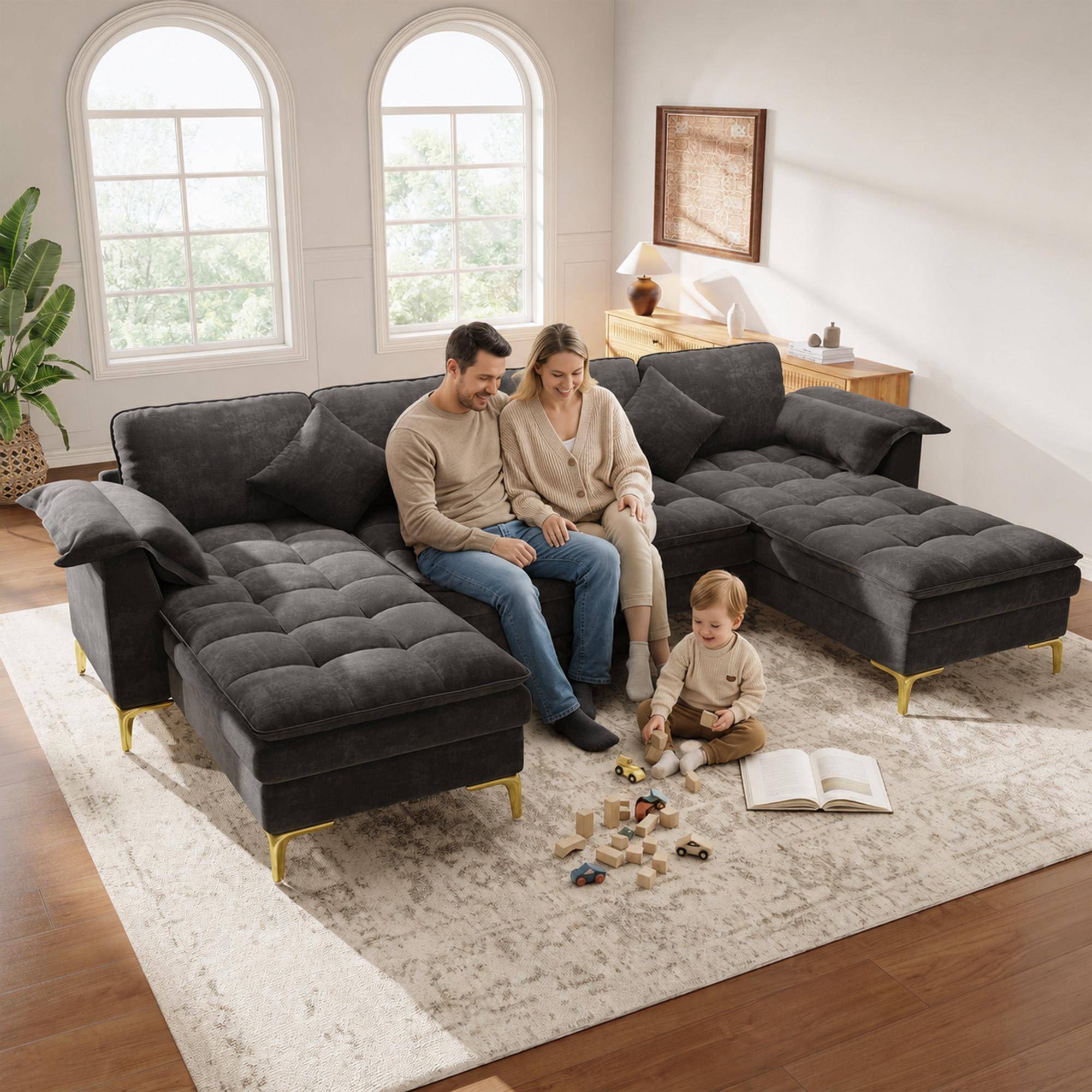 U-shaped corner sofa, 4-seater modular design double-layer foam cushions, incl. 2 chaise longues, 2 cushions, gold metal feet, chenille cover, grey.