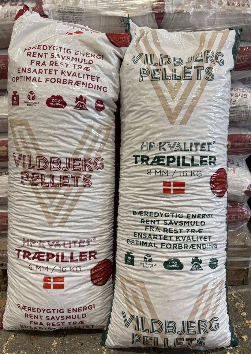 6mm eller 8mm Vildbjerg HP Premium træpiller 16kg.