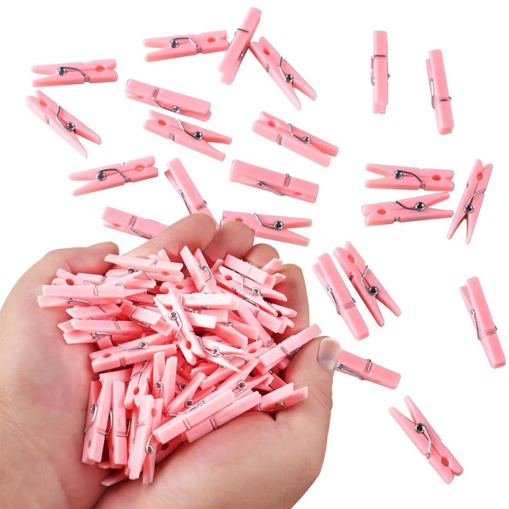 Mini tøjklemmer, 100 stk. små plastiktøjklemmer, fotoklemmer, papirnåle, billedklemmer, dekorative tøjklemmer til hjemmet, lyserøde