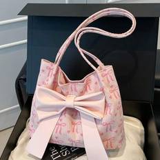 Modern ny hinkväska, rosettdekor, manchestermaterial, axelväska, pendlarväska, enfärgad handväska - Rosa