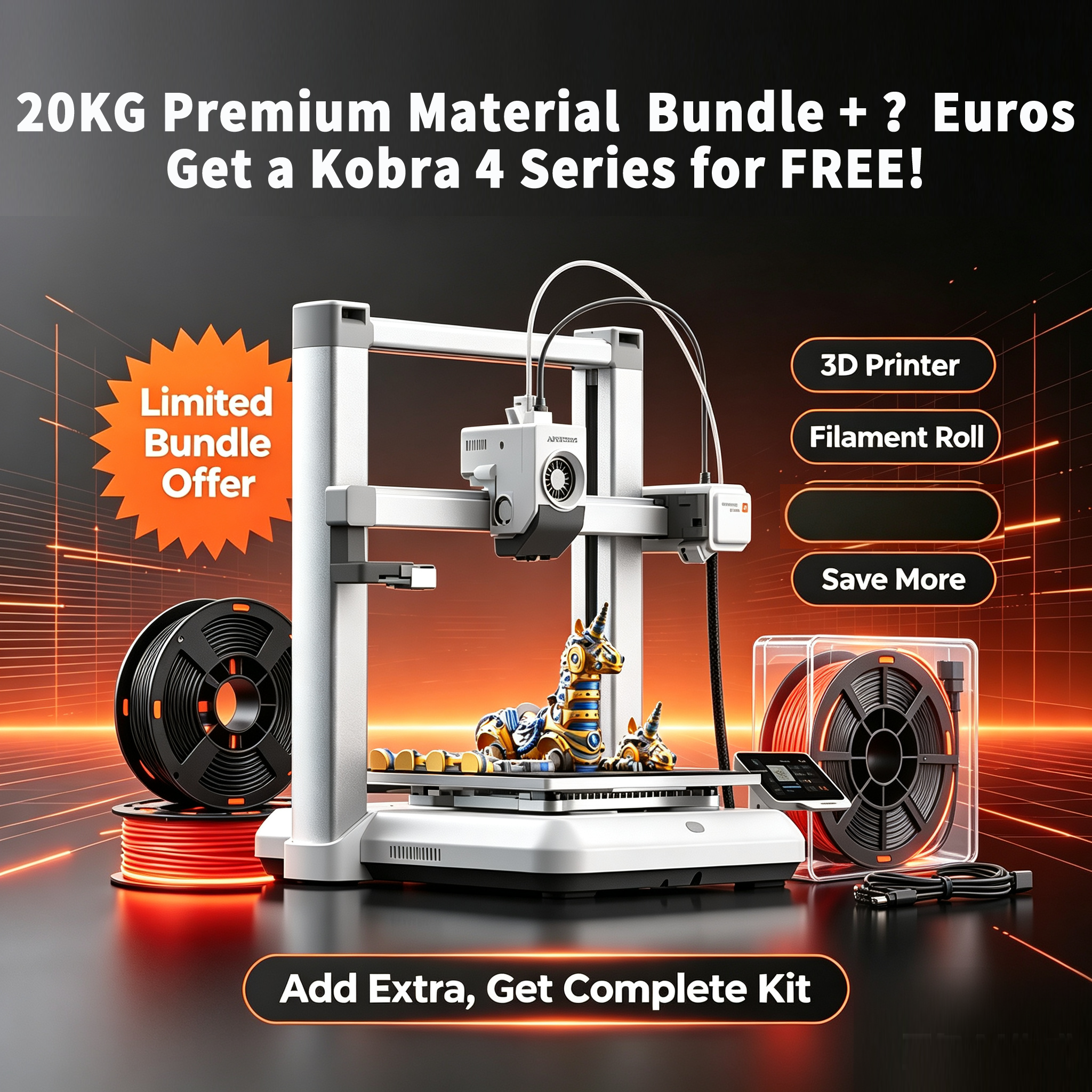 Great Deal: Upgrade to Kobra 4 3D Printer+20KG PLA Filament Bundle OR Upgrade to Kobra 4 Combo 3D Printer+20KG PLA Bundle